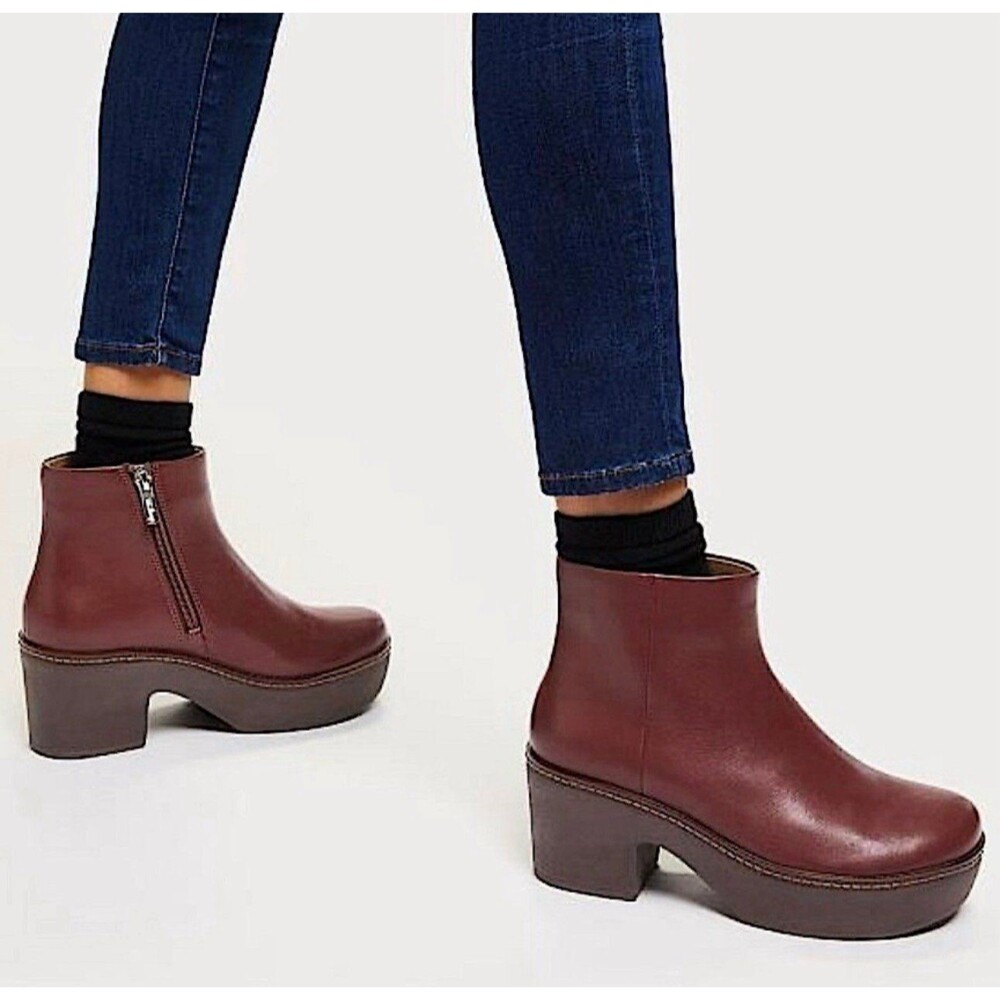 FitFlop Pilar leather Chunky Platform Ankle Clog Comfort Boots in oxblood Size 9
